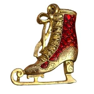 Vintage Red Enamel Ice Skate Brooch Holiday Pin Next Day Shipping